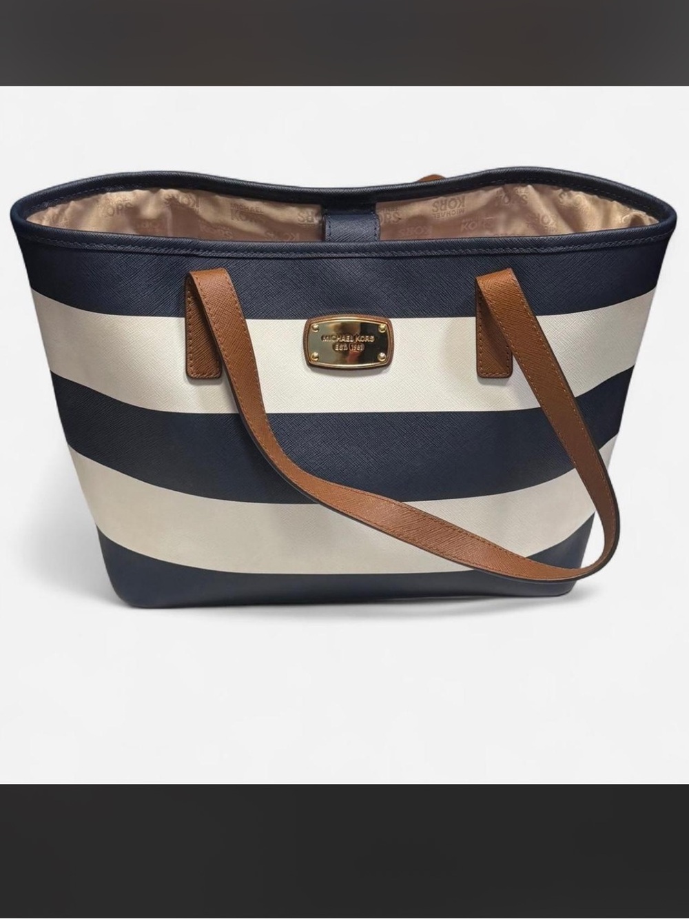 Michael Kors Navy White Striped Gold Hardwarw Handbag Magnetic Close